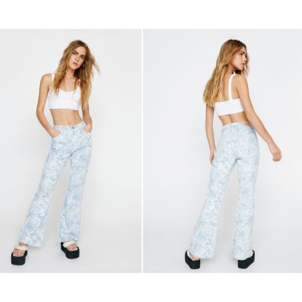 Nasty Gal Jeans Womens 6 Blue Paisley Flared Organic Cotton‎ Denim High Rise